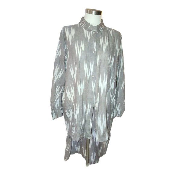 ZhenNymph Shirt Gray & White Ikat Pattern Button-Down High Low Size L jj3649 - Picture 1 of 8